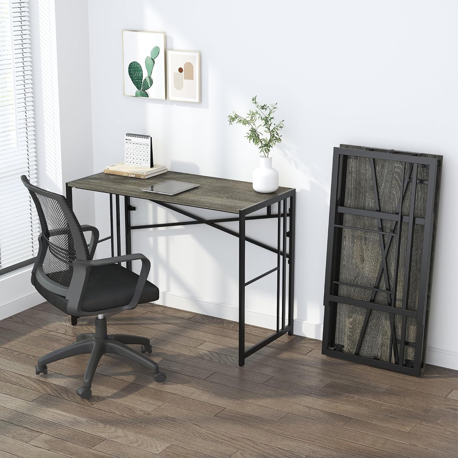 Folding Desk 103cm Black Oak No Assembly Home Office Gaming Table - Kwikley
