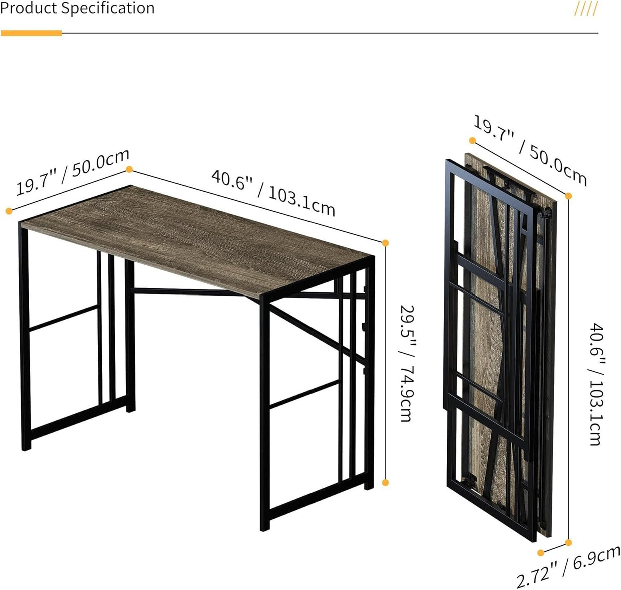 Folding Desk 103cm Black Oak No Assembly Home Office Gaming Table - Kwikley