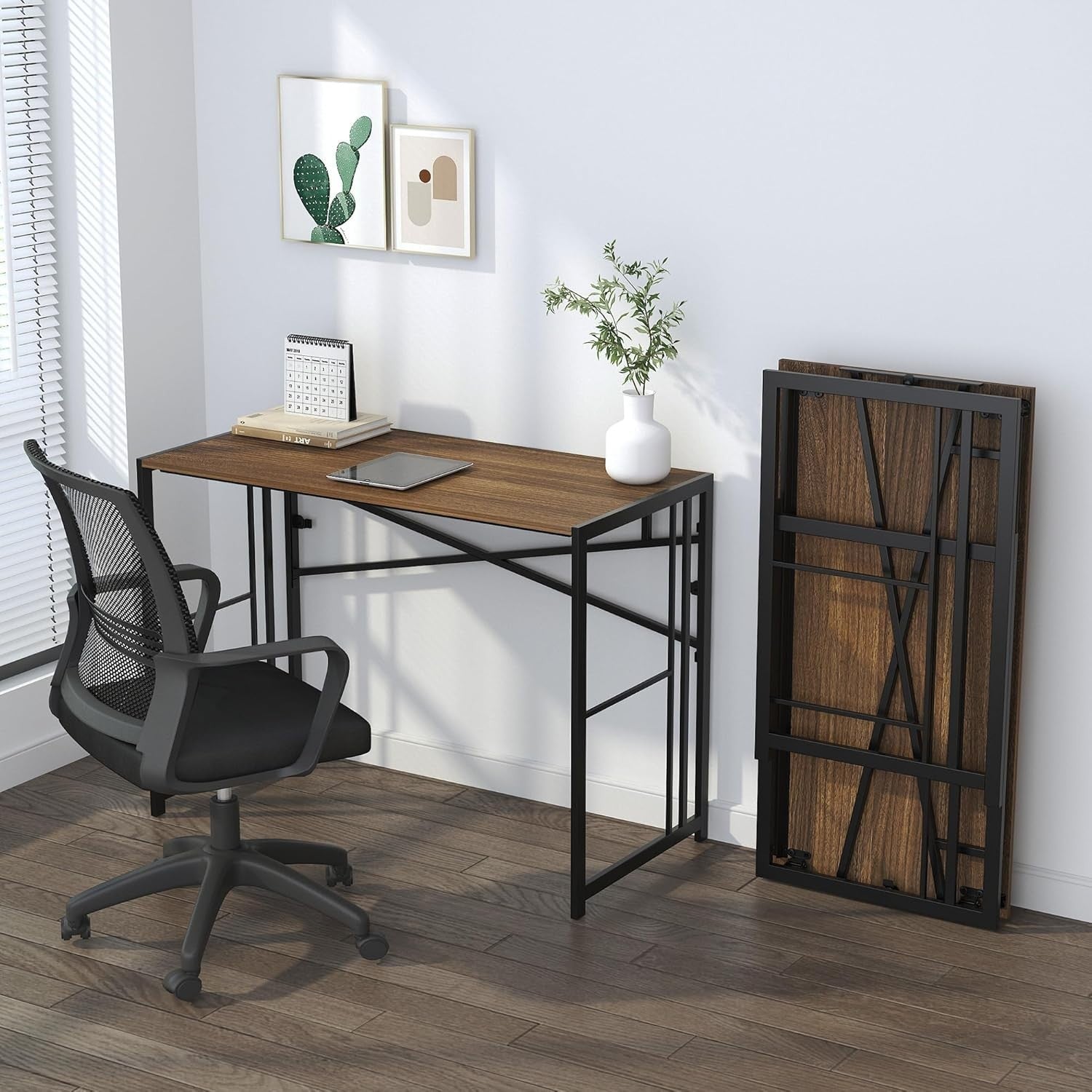 Folding Desk 103cm Espresso No Assembly Compact Home Office Table - Kwikley