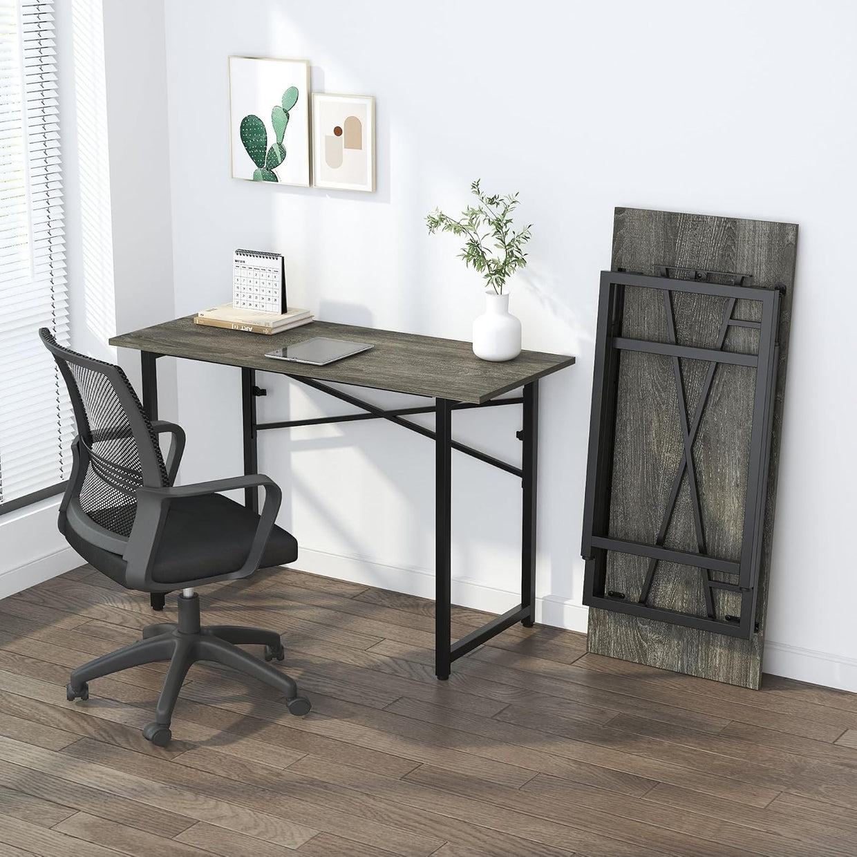 Folding Desk 120cm Black Oak No Assembly Compact Home Office Table - Kwikley