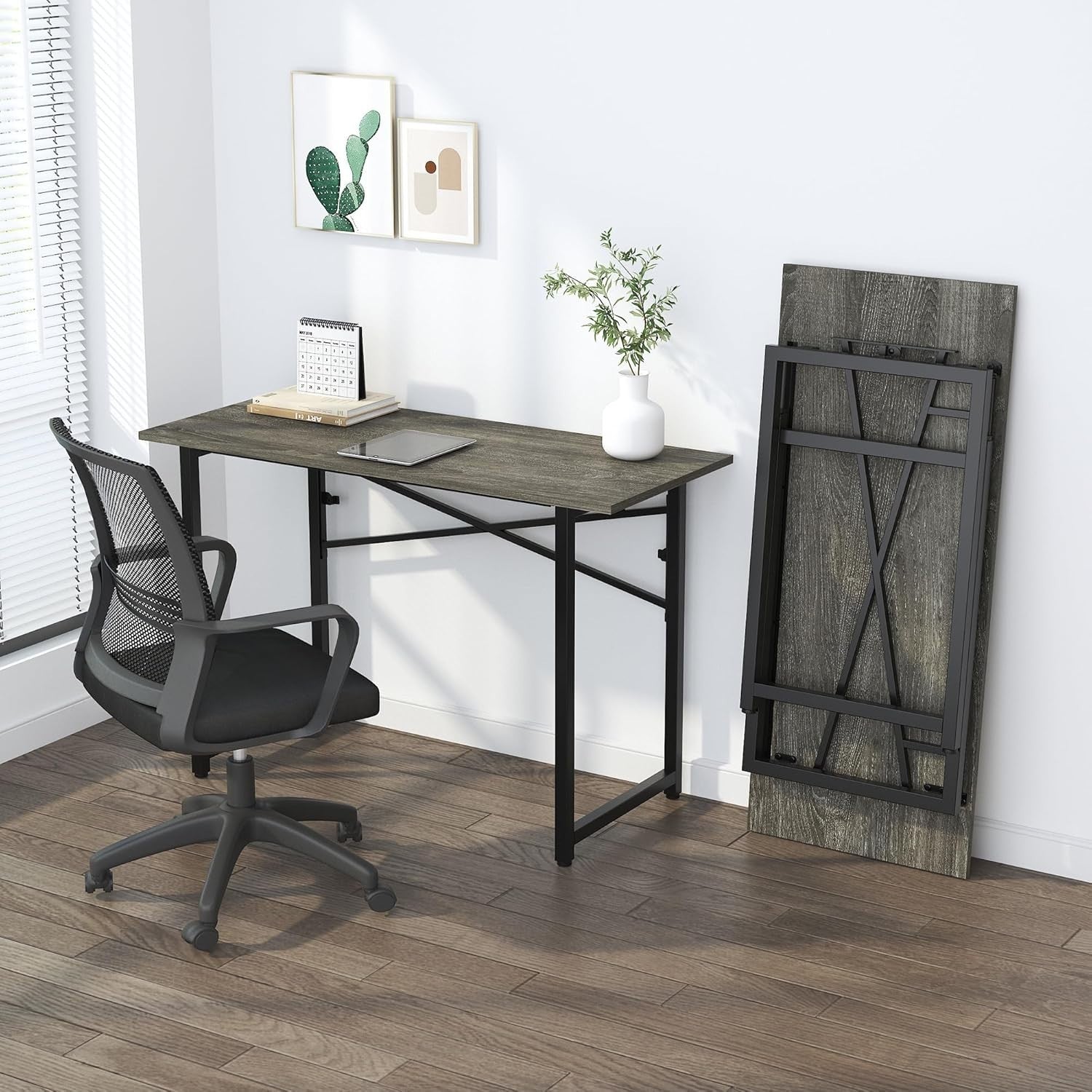 Folding Desk 120cm Black Oak No Assembly Compact Home Office Table - Kwikley