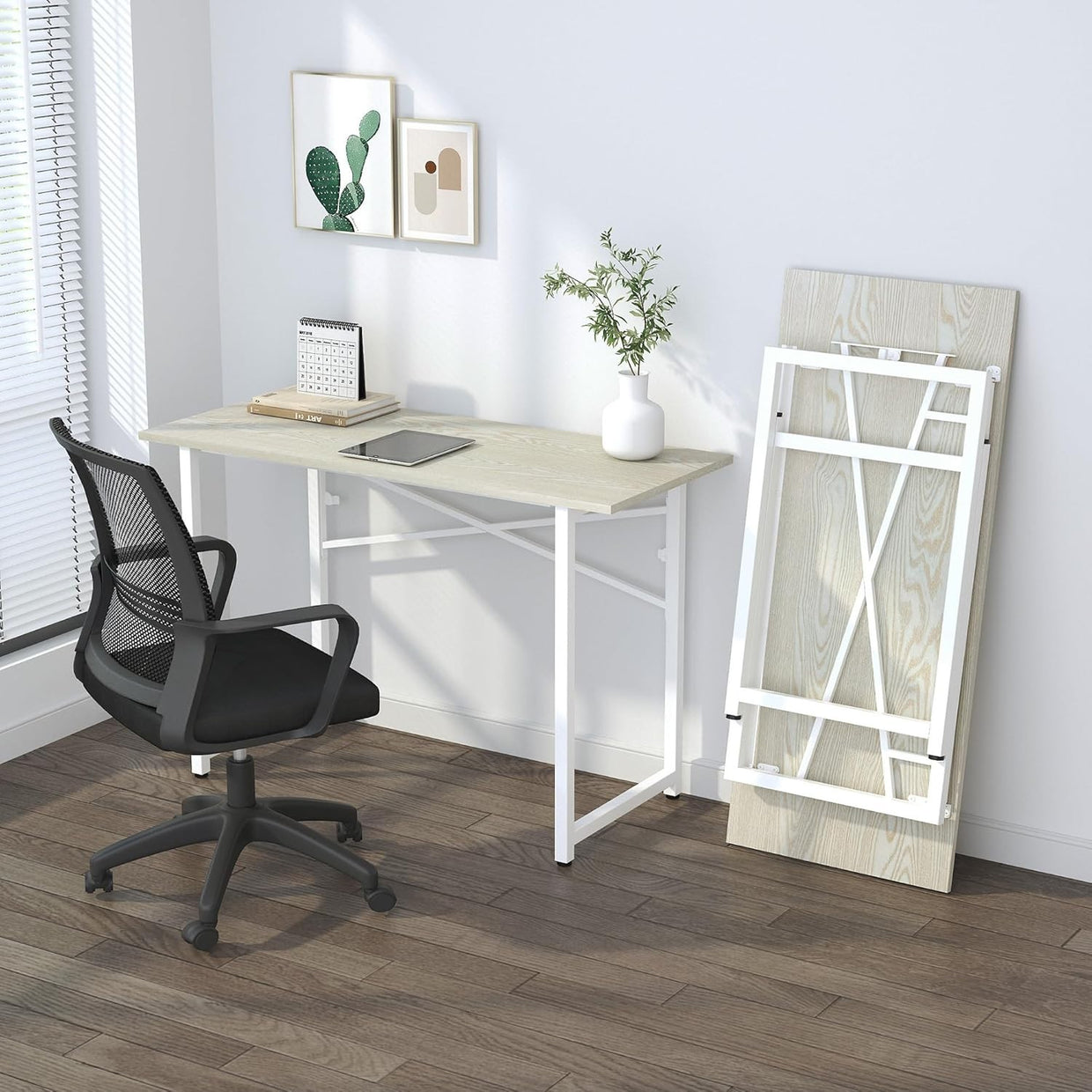 Folding Desk 120cm Natural & White No Assembly Home Office Computer Table - Kwikley
