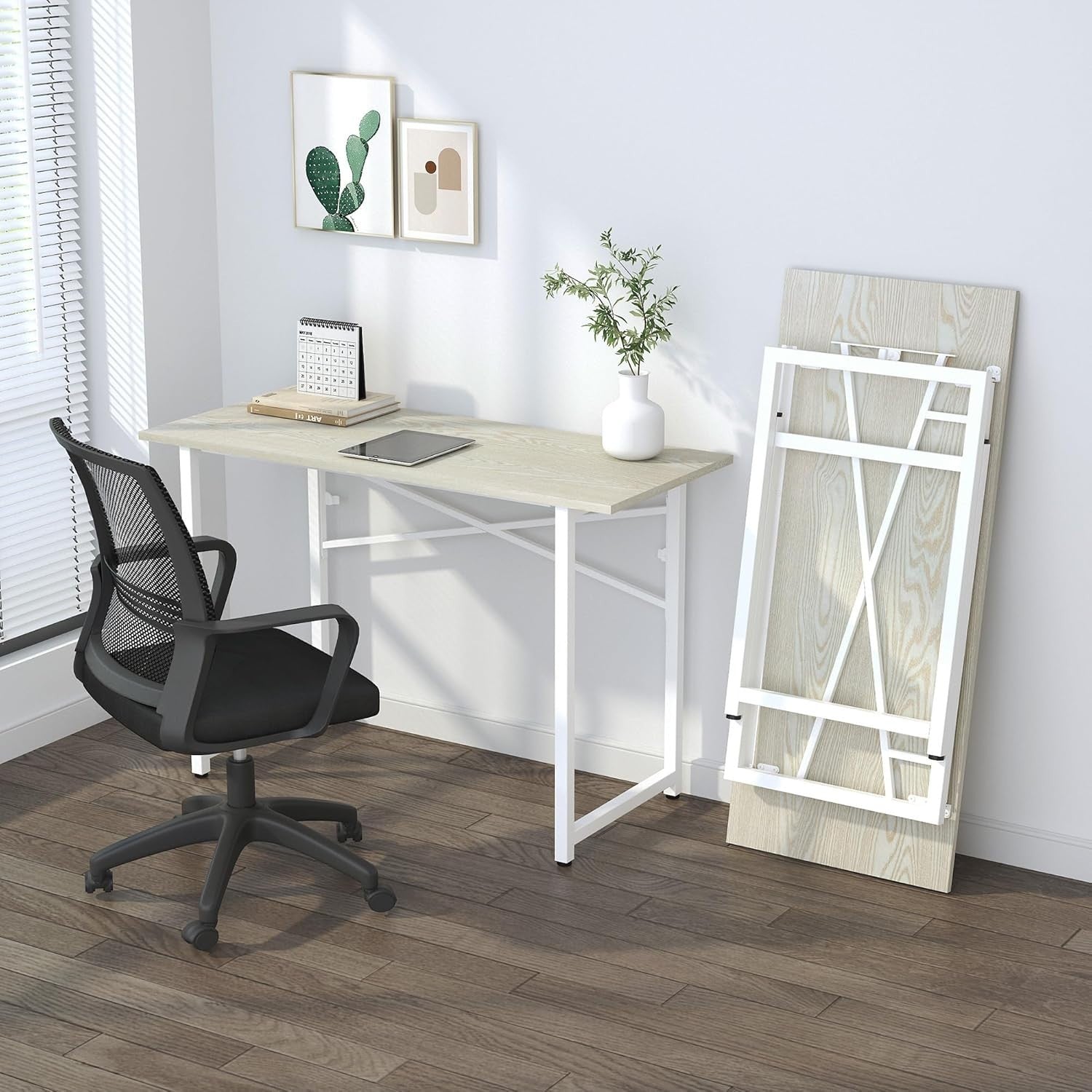 Folding Desk 120cm Natural & White No Assembly Home Office Computer Table - Kwikley