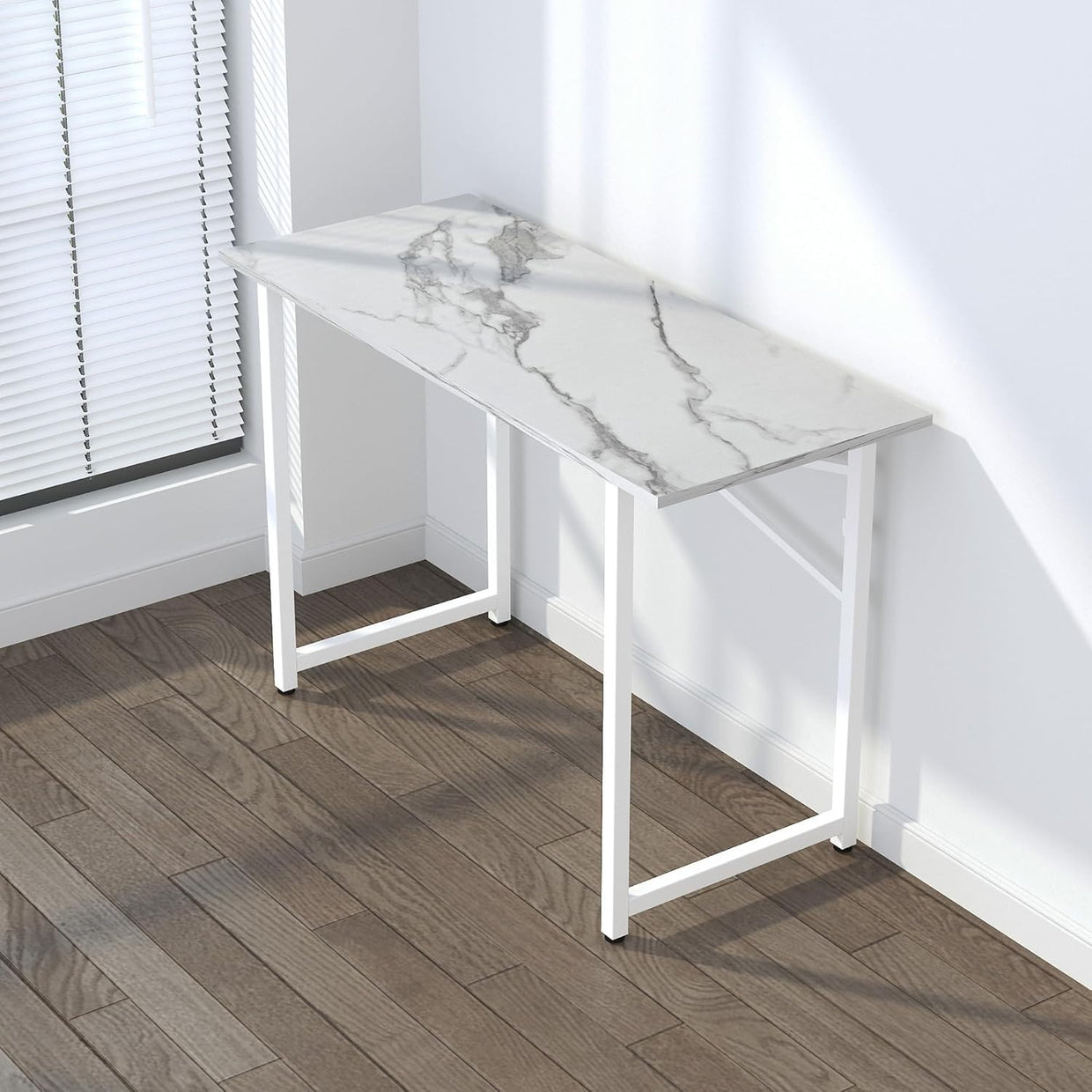 Folding Desk 120cm White Marble No Assembly Home Office Computer Table - Kwikley