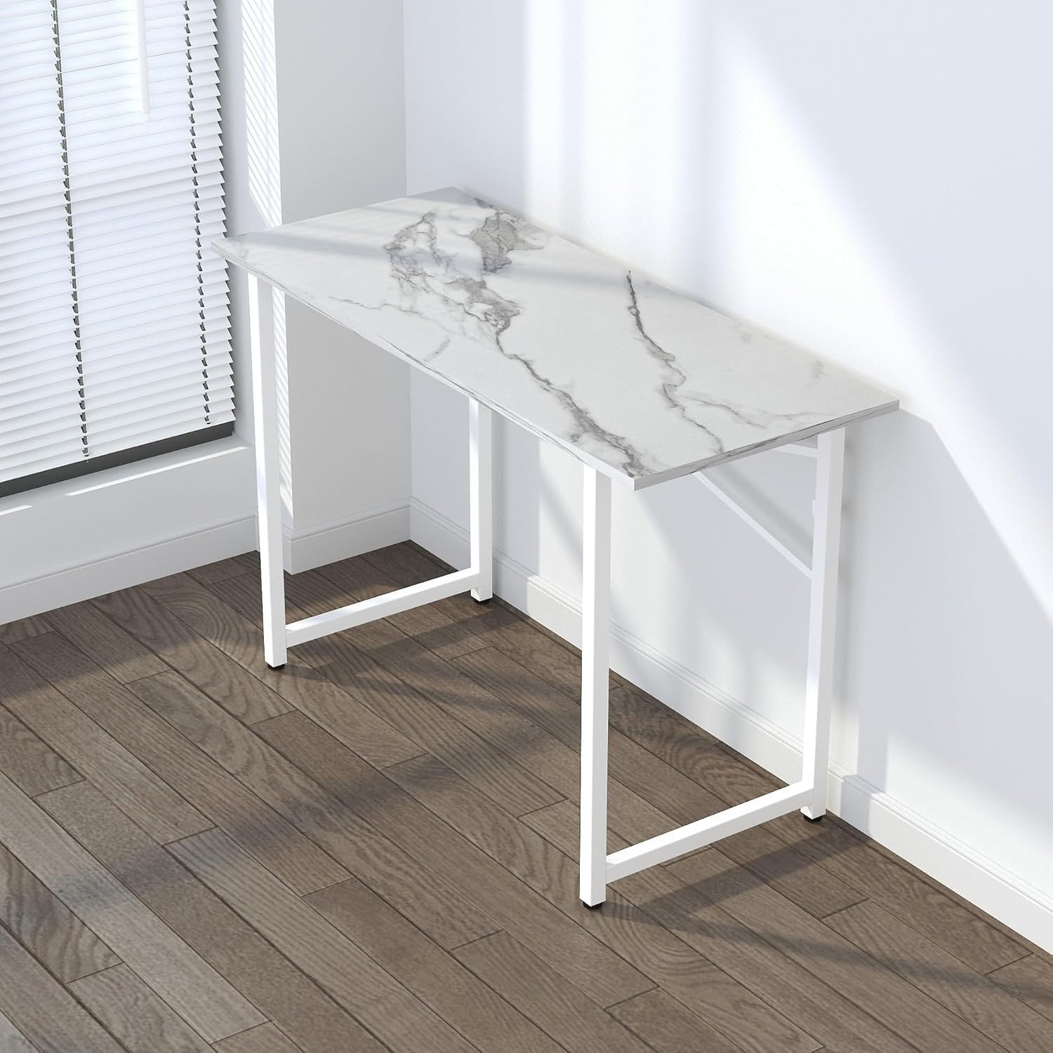 Folding Desk 120cm White Marble No Assembly Home Office Computer Table - Kwikley