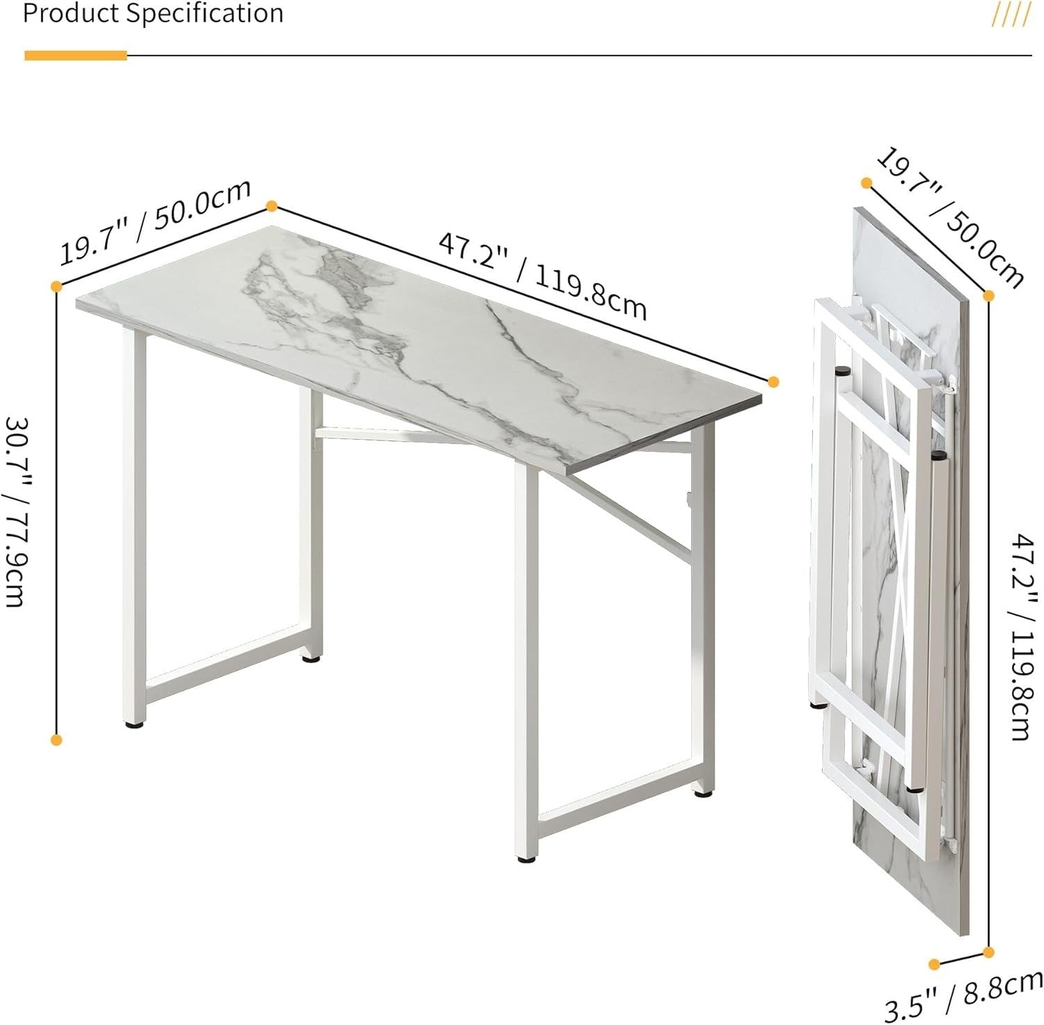 Folding Desk 120cm White Marble No Assembly Home Office Computer Table - Kwikley