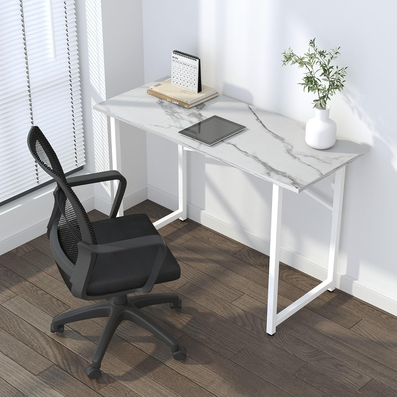 Folding Desk 120cm White Marble No Assembly Home Office Computer Table - Kwikley