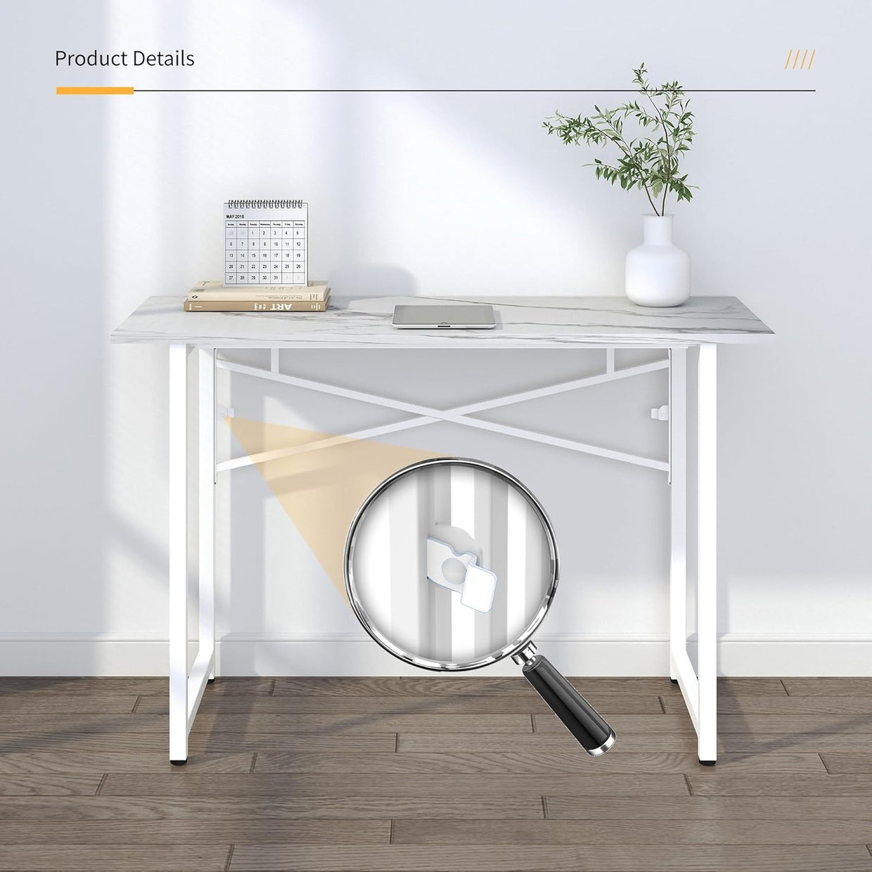 Folding Desk 120cm White Marble No Assembly Home Office Computer Table - Kwikley