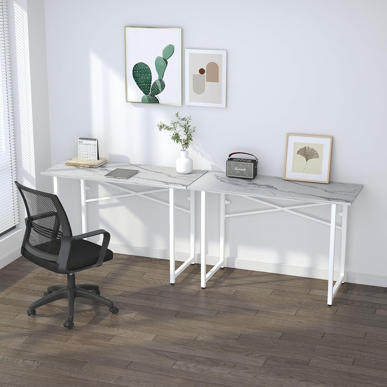 Folding Desk 120cm White Marble No Assembly Home Office Computer Table - Kwikley