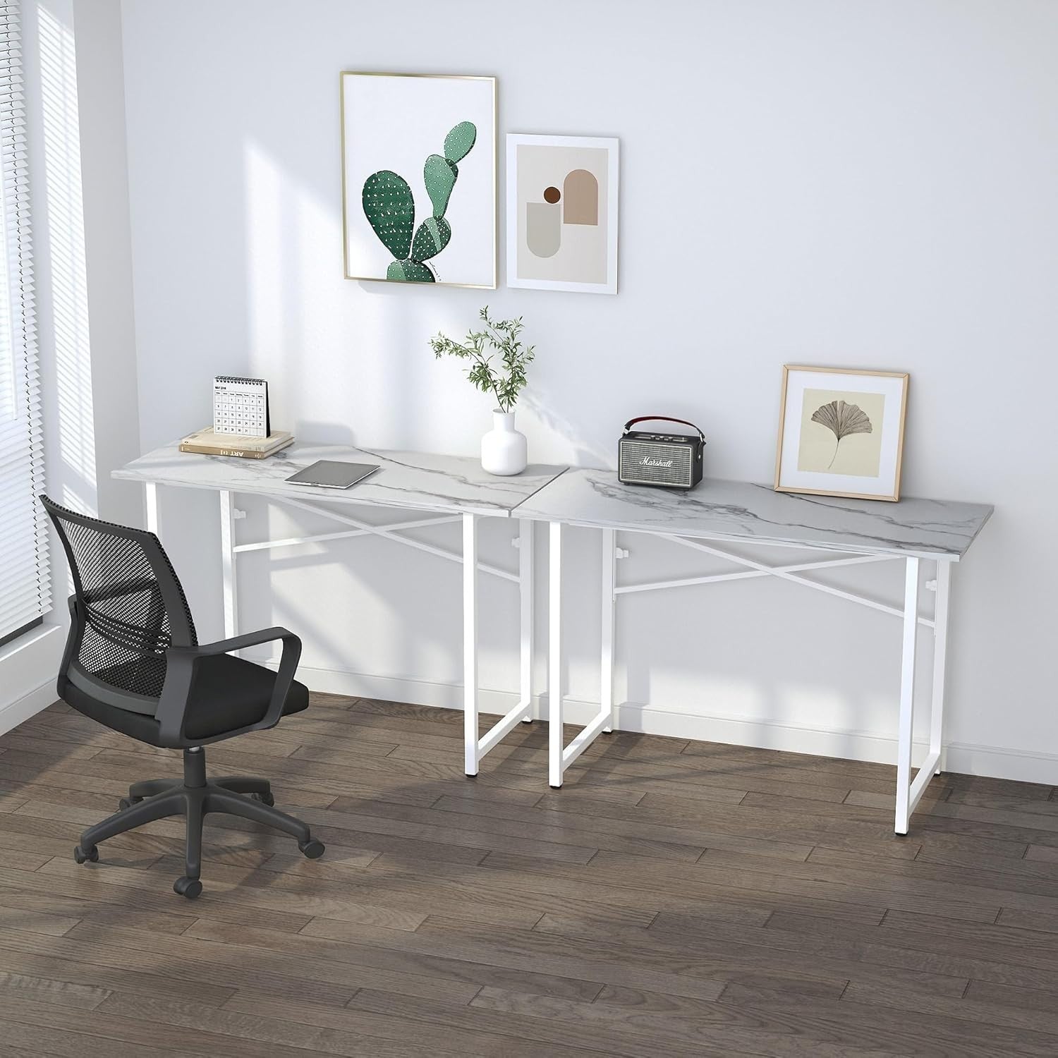 Folding Desk 120cm White Marble No Assembly Home Office Computer Table - Kwikley