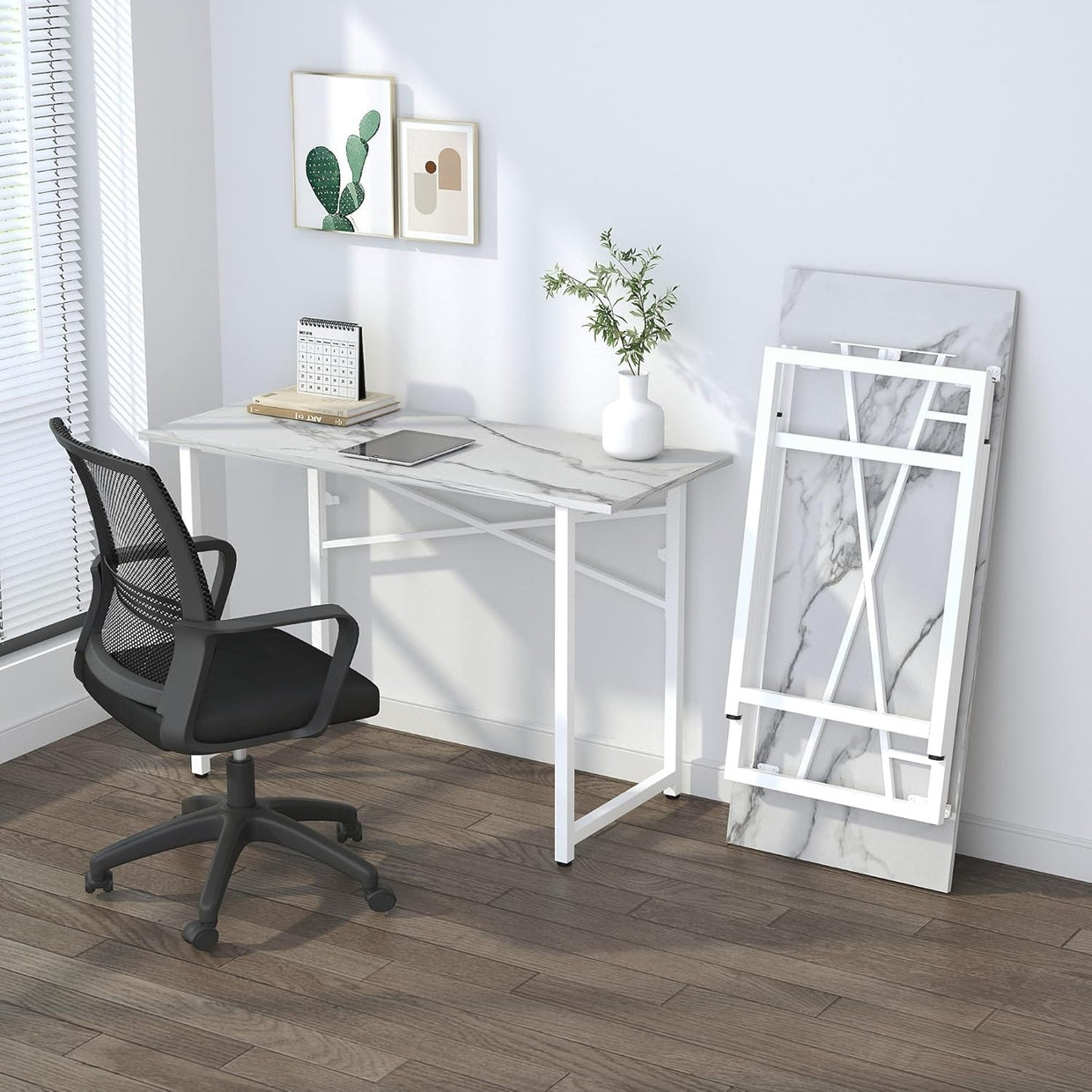 Folding Desk 120cm White Marble No Assembly Home Office Computer Table - Kwikley