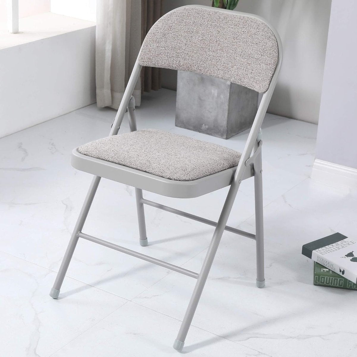 Folding Dining Chairs Set 6 Padded Fabric Grey Metal Frame - Kwikley