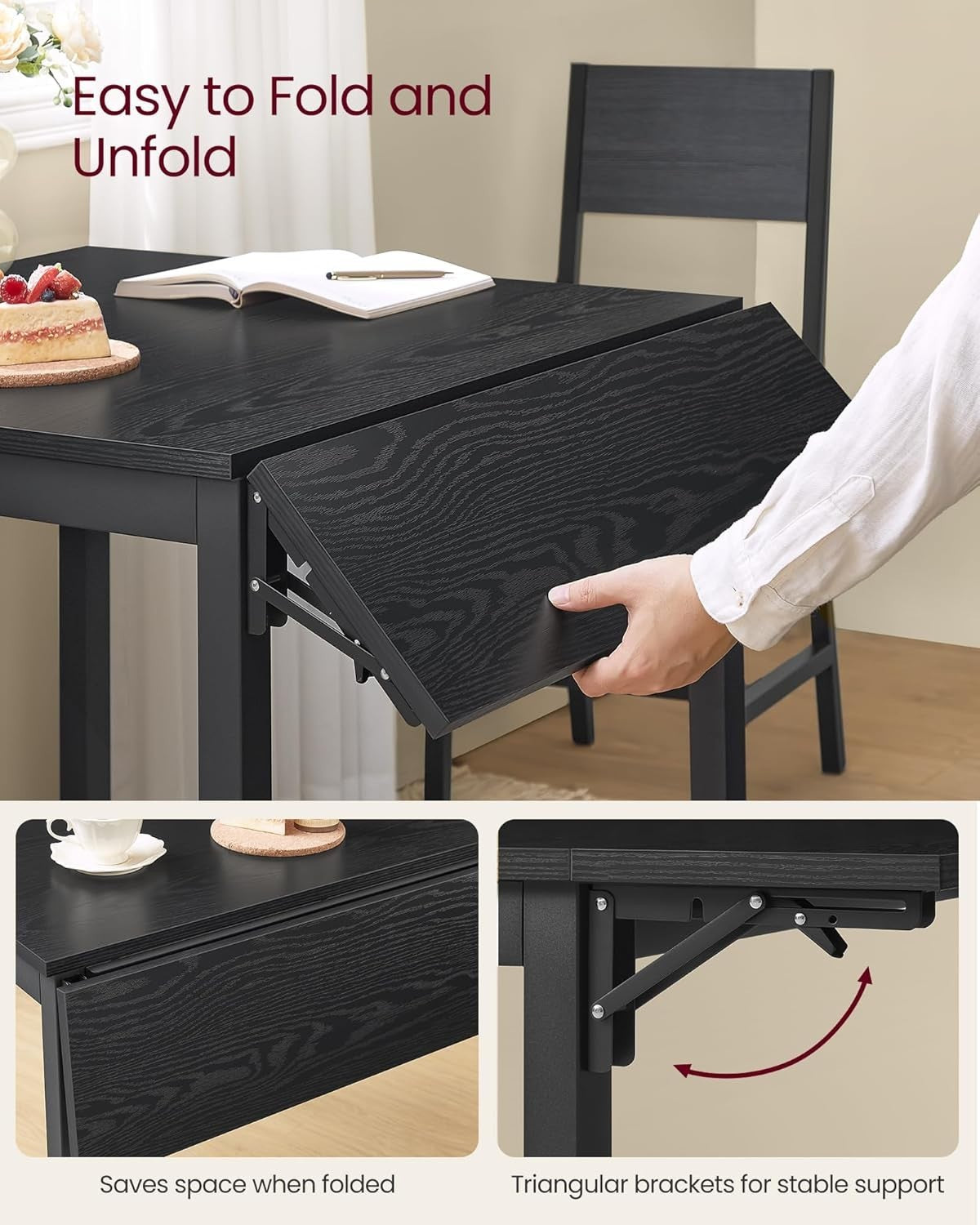 Folding Dining Table Black Drop Leaf Extendable 2–4 Seat Space Saving MDF - Kwikley
