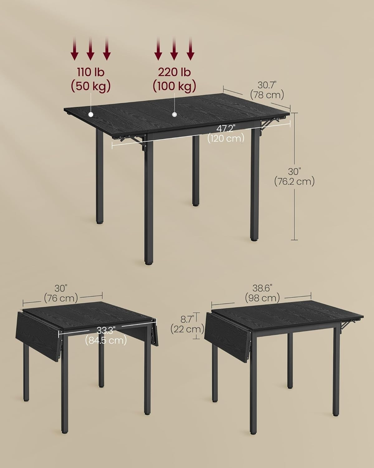 Folding Dining Table Black Drop Leaf Extendable 2–4 Seat Space Saving MDF - Kwikley