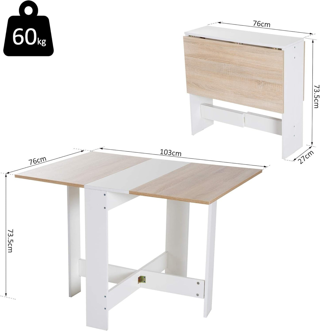 Folding Dining Table Desk Drop Leaf Oak White Compact Space Saver Home - Kwikley