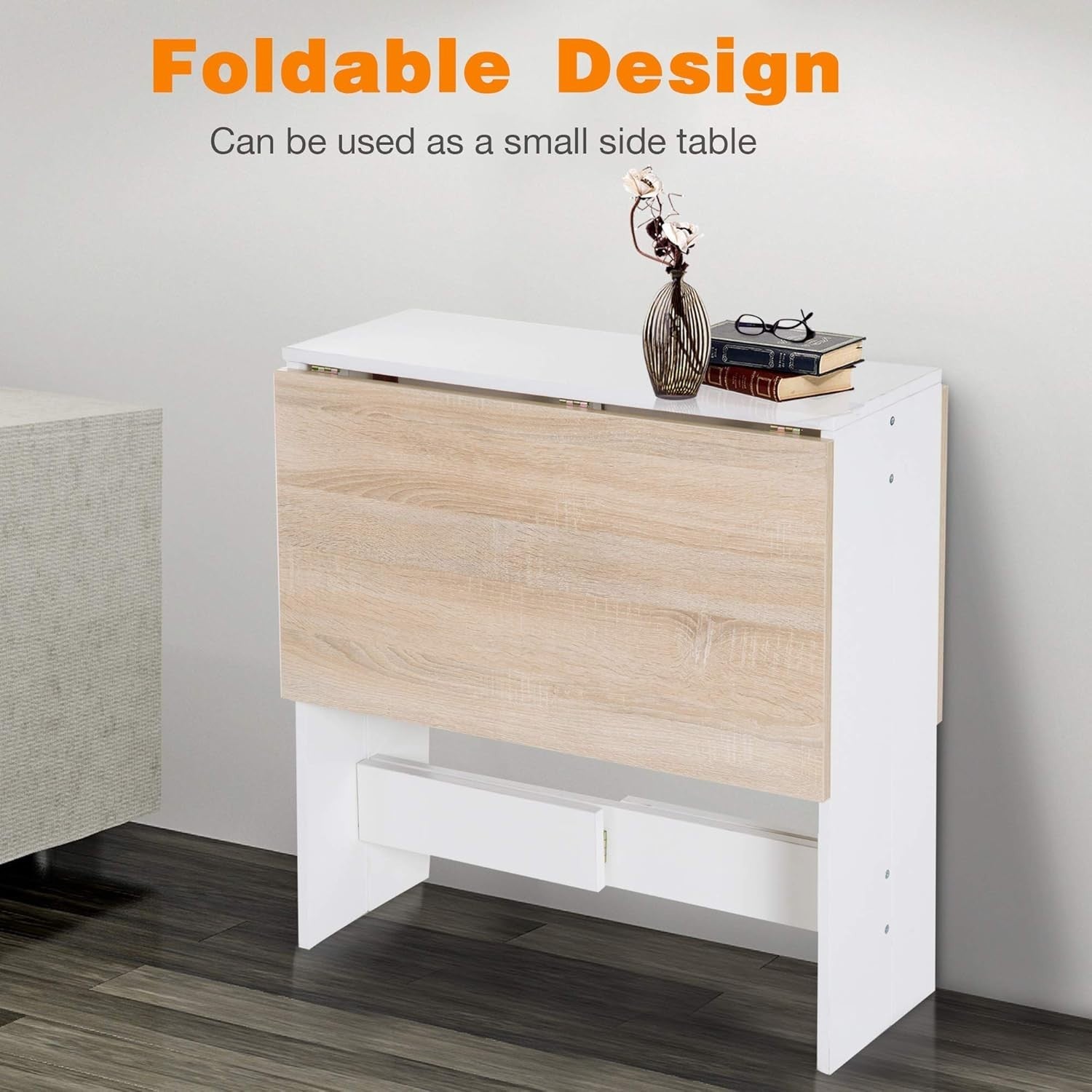 Folding Dining Table Desk Drop Leaf Oak White Compact Space Saver Home - Kwikley