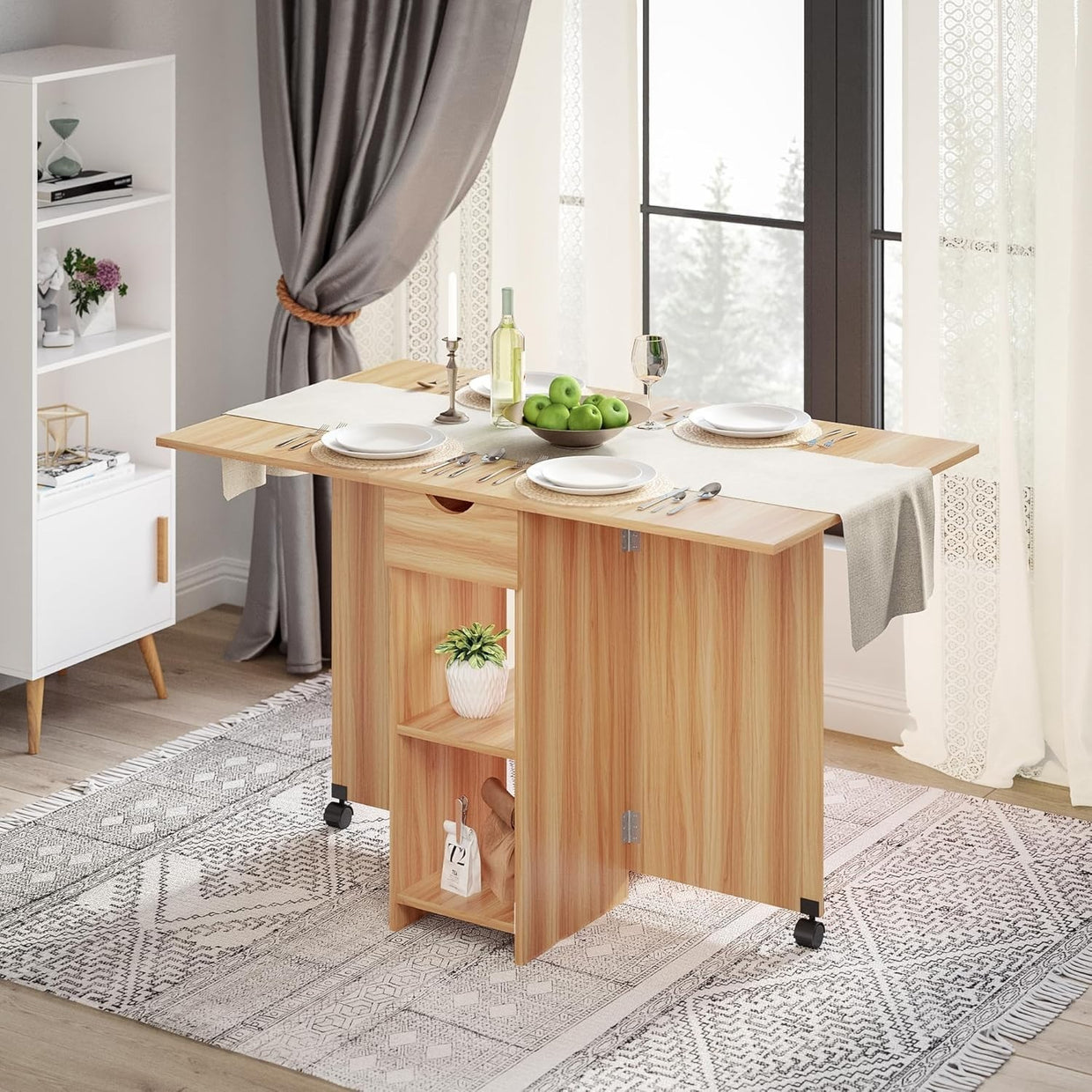 Folding Dining Table with Storage, Drawer, Drop Leaf – Space Saving Oak - Kwikley