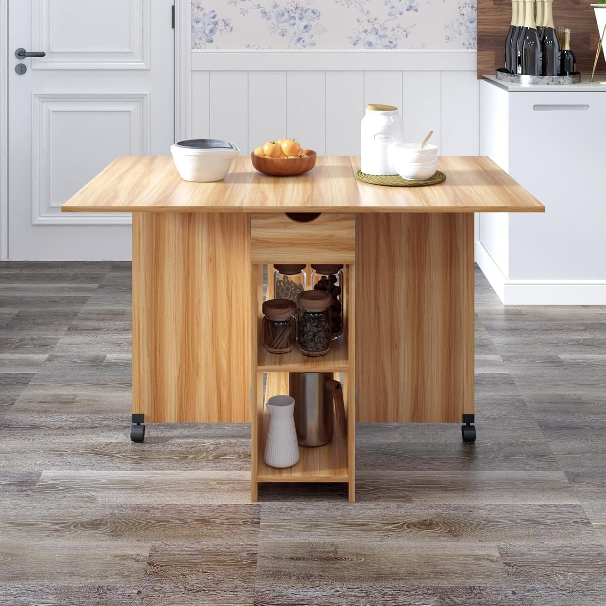 Folding Dining Table with Storage, Drawer, Drop Leaf – Space Saving Oak - Kwikley