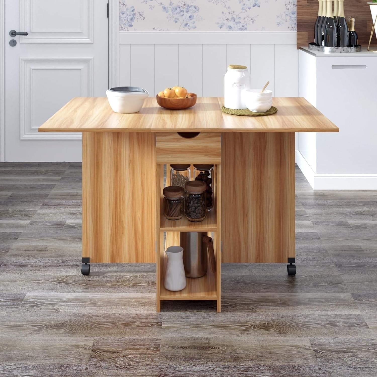 Folding Dining Table with Storage, Drawer, Drop Leaf – Space Saving Oak - Kwikley