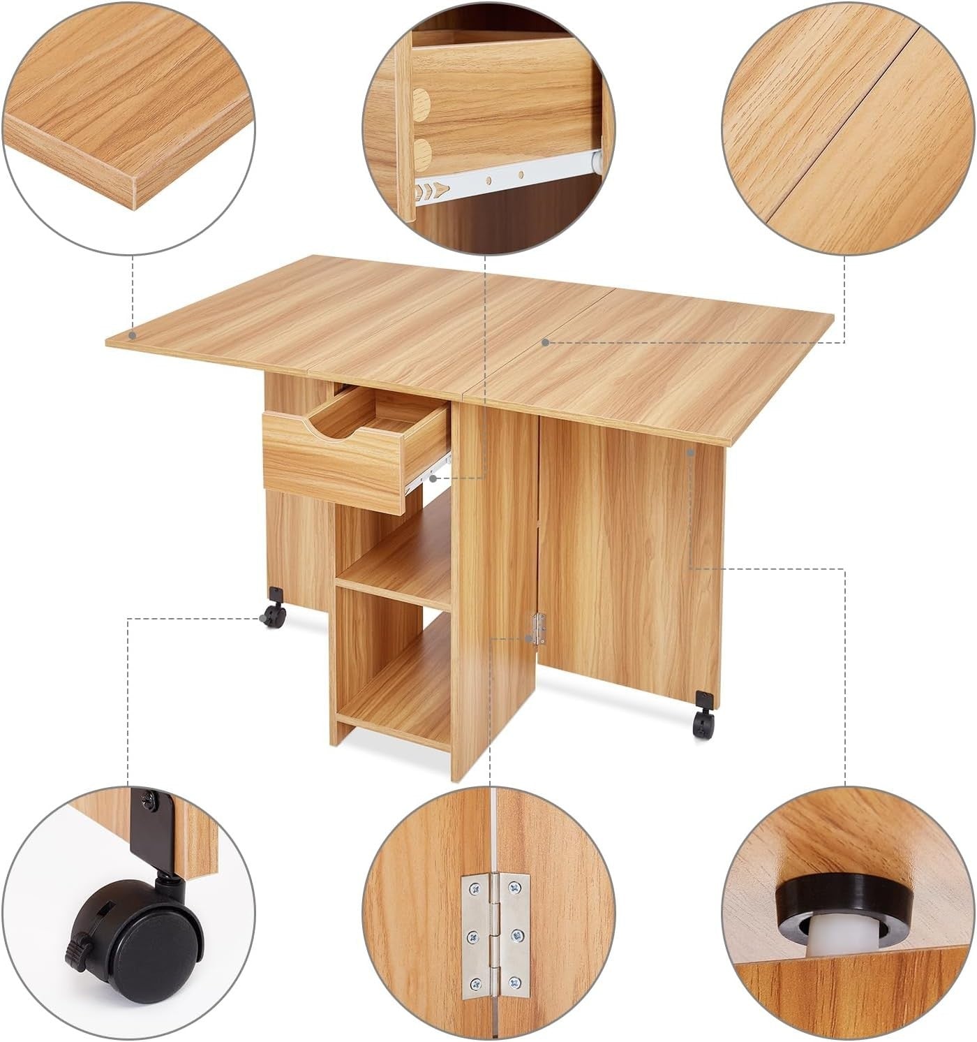 Folding Dining Table with Storage, Drawer, Drop Leaf – Space Saving Oak - Kwikley