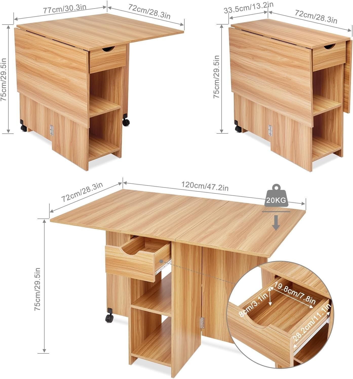 Folding Dining Table with Storage, Drawer, Drop Leaf – Space Saving Oak - Kwikley