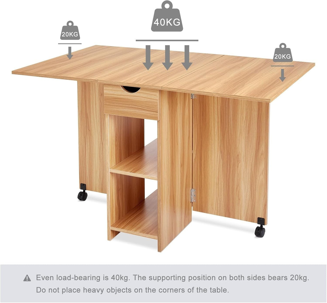 Folding Dining Table with Storage, Drawer, Drop Leaf – Space Saving Oak - Kwikley