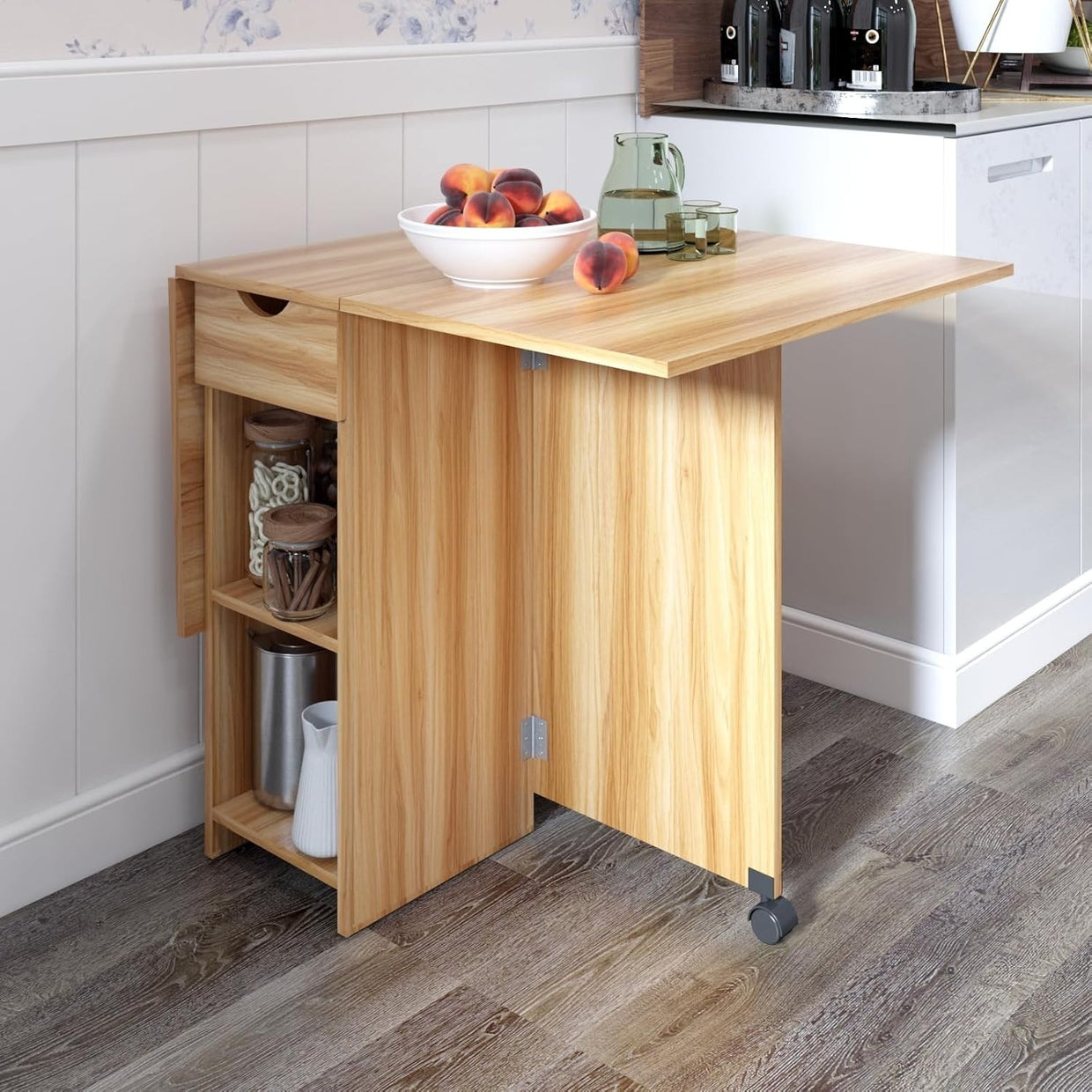 Folding Dining Table with Storage, Drawer, Drop Leaf – Space Saving Oak - Kwikley