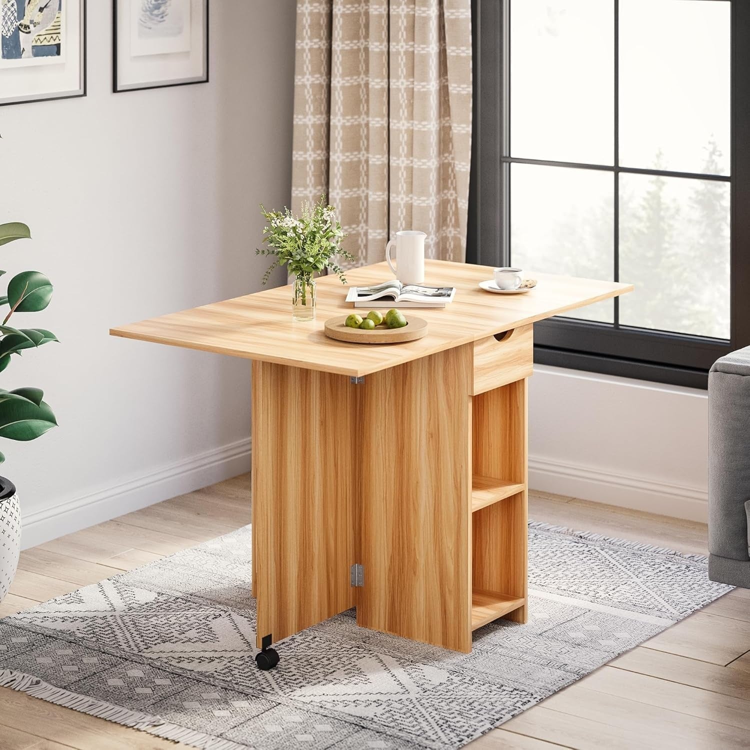 Folding Dining Table with Storage, Drawer, Drop Leaf – Space Saving Oak - Kwikley