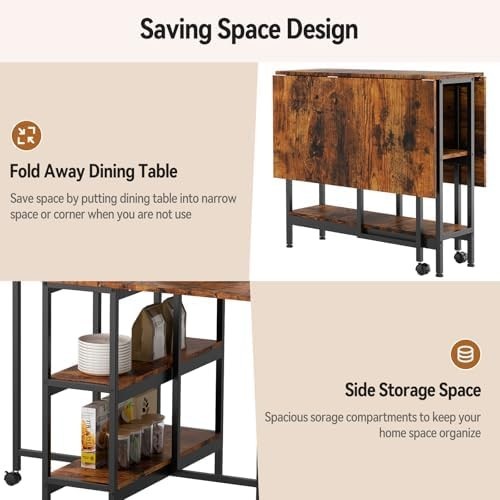 Folding Dining Table with Storage Shelves & Wheels for Small Spaces - Kwikley