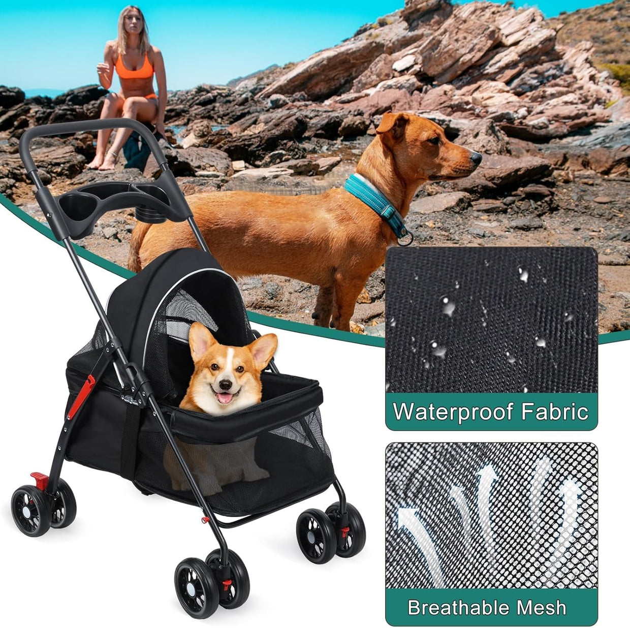 Folding Dog Pram Pet Stroller 4 Wheel Breathable Mesh Storage Small Dogs - Kwikley