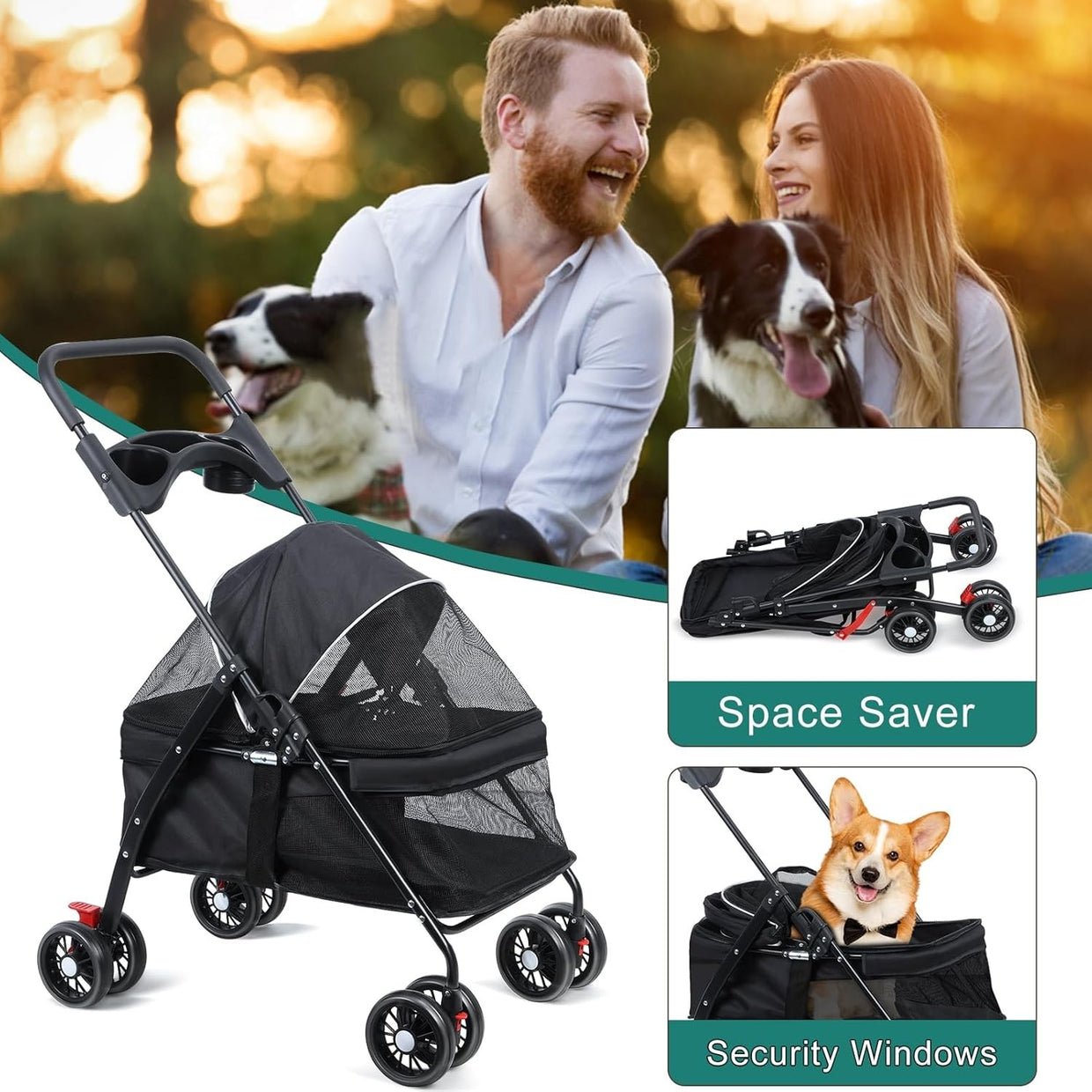Folding Dog Pram Pet Stroller 4 Wheel Breathable Mesh Storage Small Dogs - Kwikley