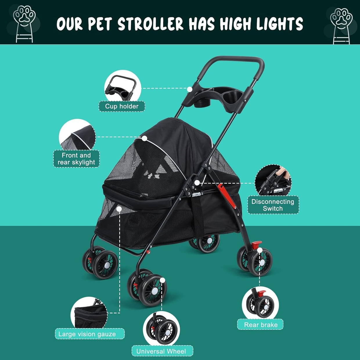 Folding Dog Pram Pet Stroller 4 Wheel Breathable Mesh Storage Small Dogs - Kwikley