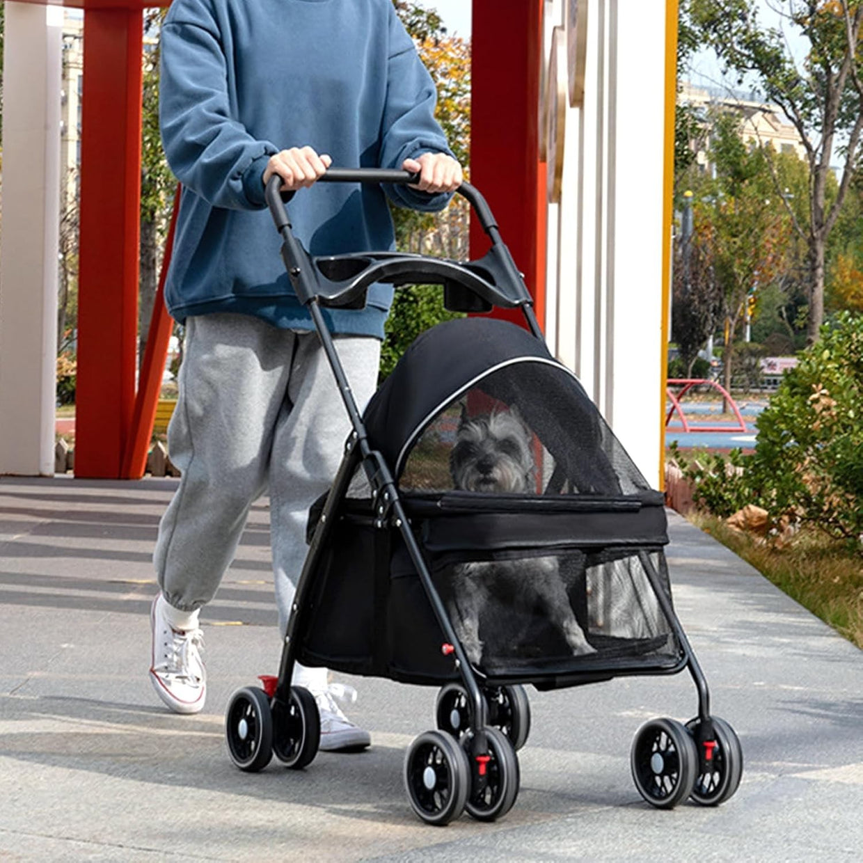 Folding Dog Pram Pet Stroller 4 Wheel Breathable Mesh Storage Small Dogs - Kwikley