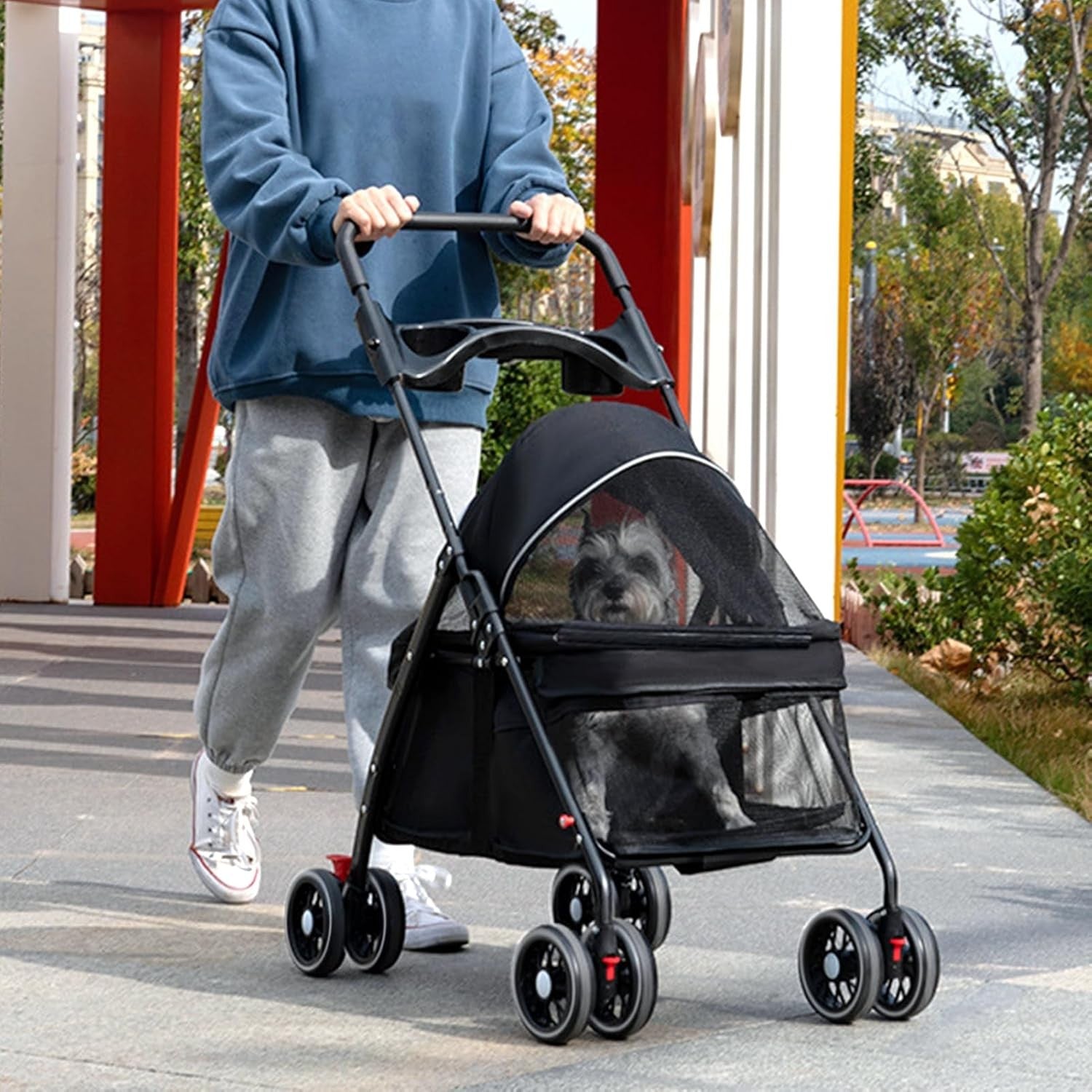 Folding Dog Pram Pet Stroller 4 Wheel Breathable Mesh Storage Small Dogs - Kwikley