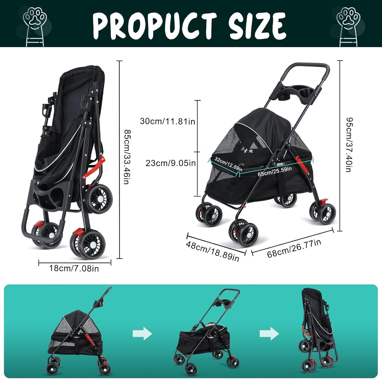 Folding Dog Pram Pet Stroller 4 Wheel Breathable Mesh Storage Small Dogs - Kwikley
