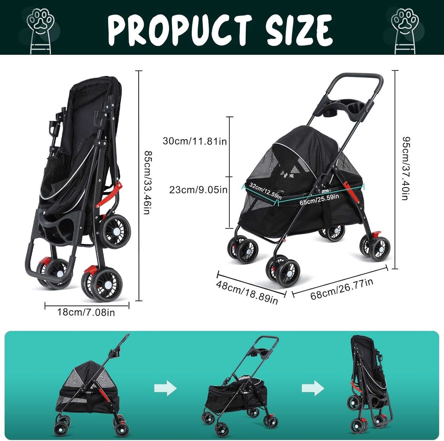 Folding Dog Pram Pet Stroller 4 Wheel Breathable Mesh Storage Small Dogs - Kwikley