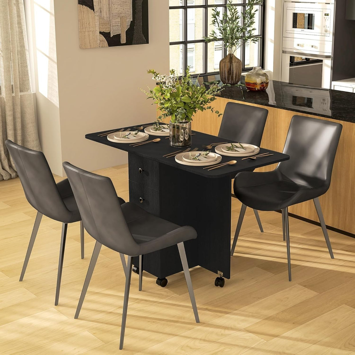 Folding Drop Leaf Dining Table 4 - 6 Seater on Wheels with Storage Black - Kwikley