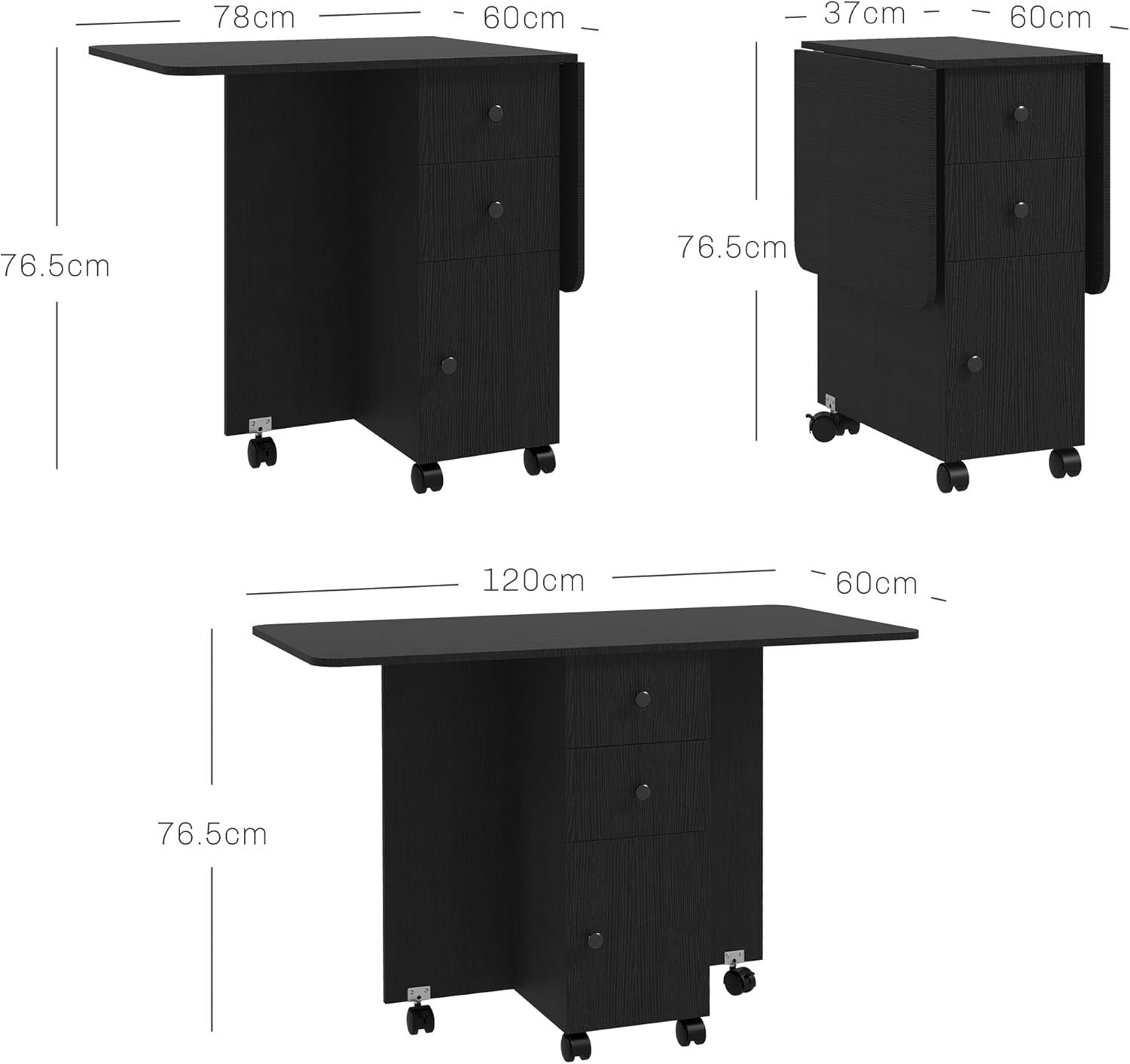 Folding Drop Leaf Dining Table 4 - 6 Seater on Wheels with Storage Black - Kwikley
