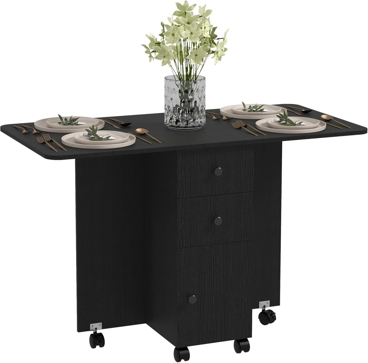 Folding Drop Leaf Dining Table 4 - 6 Seater on Wheels with Storage Black - Kwikley