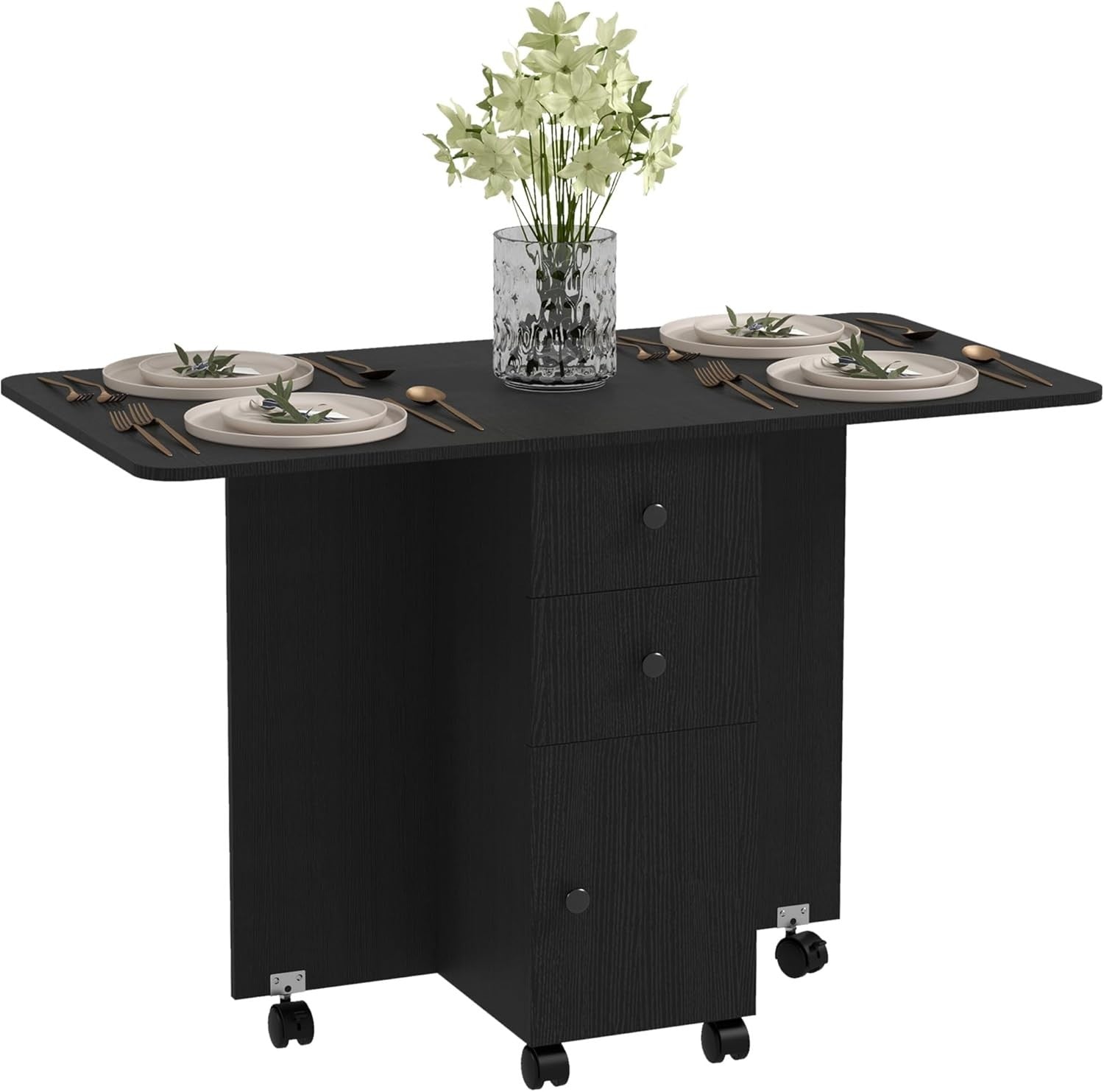 Folding Drop Leaf Dining Table 4 - 6 Seater on Wheels with Storage Black - Kwikley