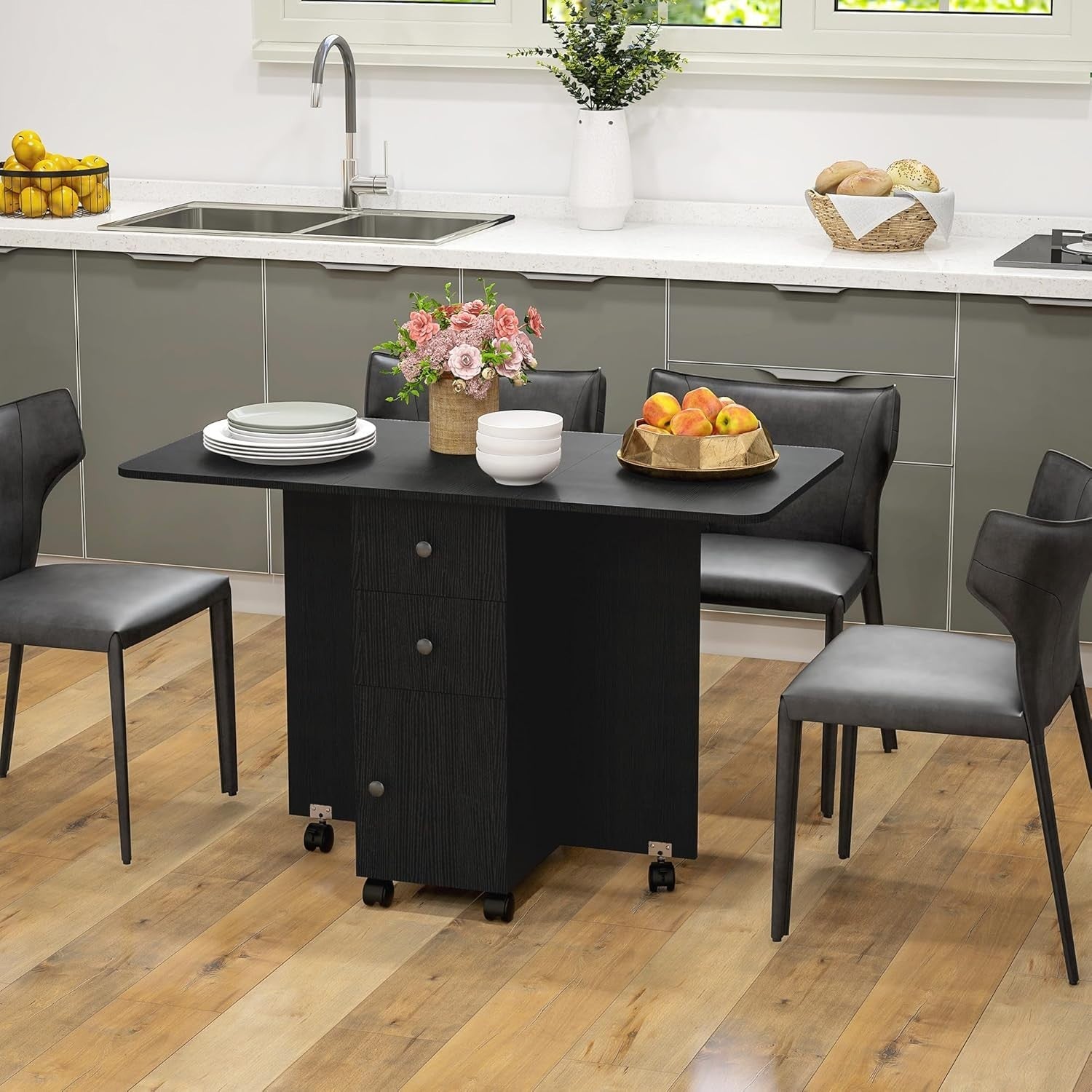 Folding Drop Leaf Dining Table 4 - 6 Seater on Wheels with Storage Black - Kwikley