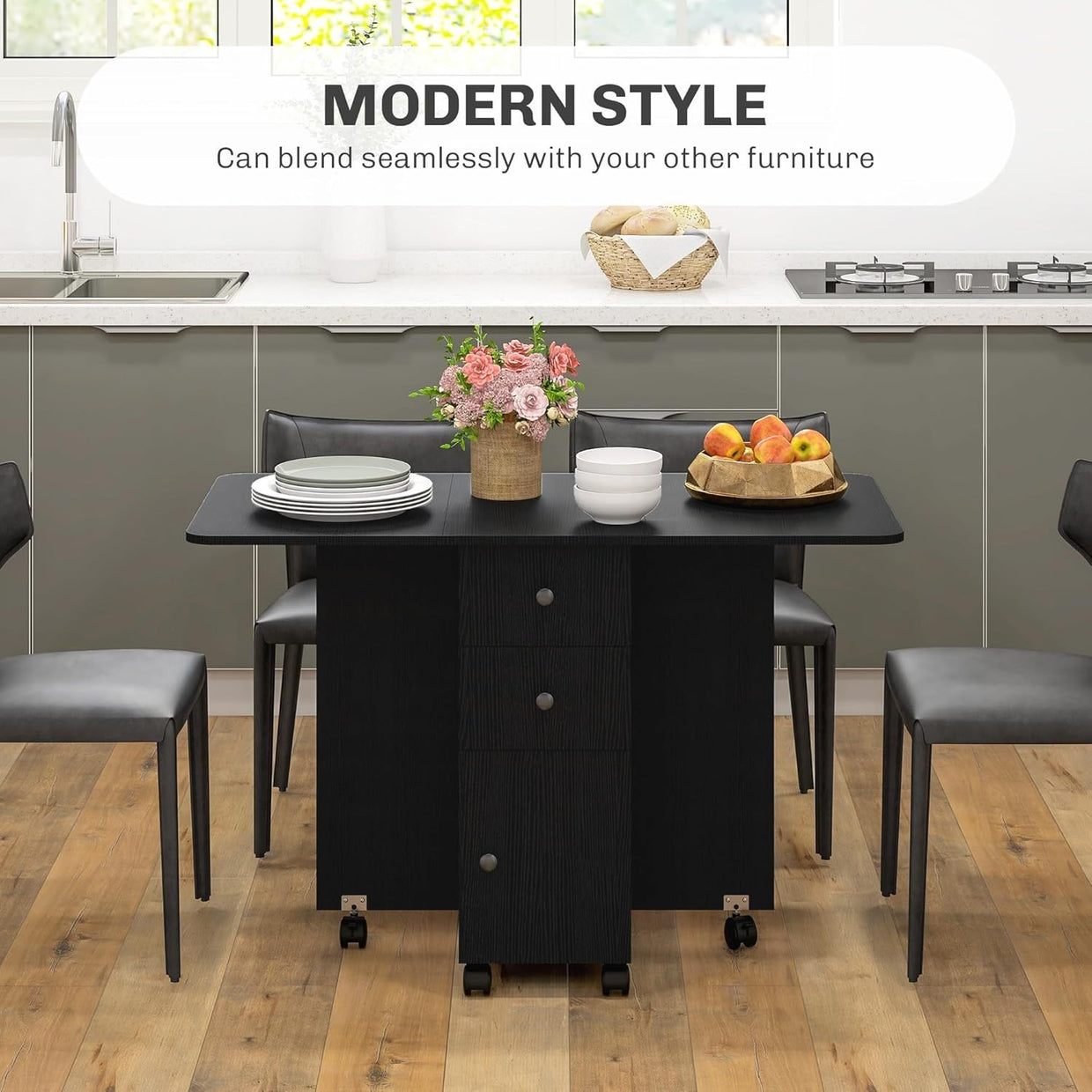 Folding Drop Leaf Dining Table 4 - 6 Seater on Wheels with Storage Black - Kwikley