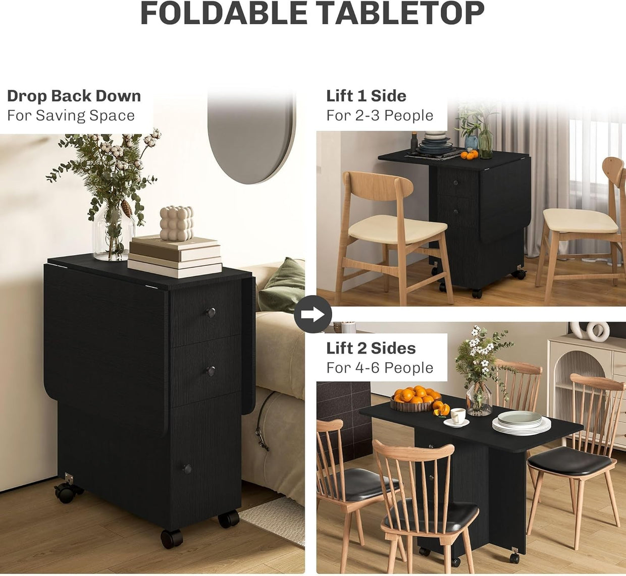 Folding Drop Leaf Dining Table 4 - 6 Seater on Wheels with Storage Black - Kwikley