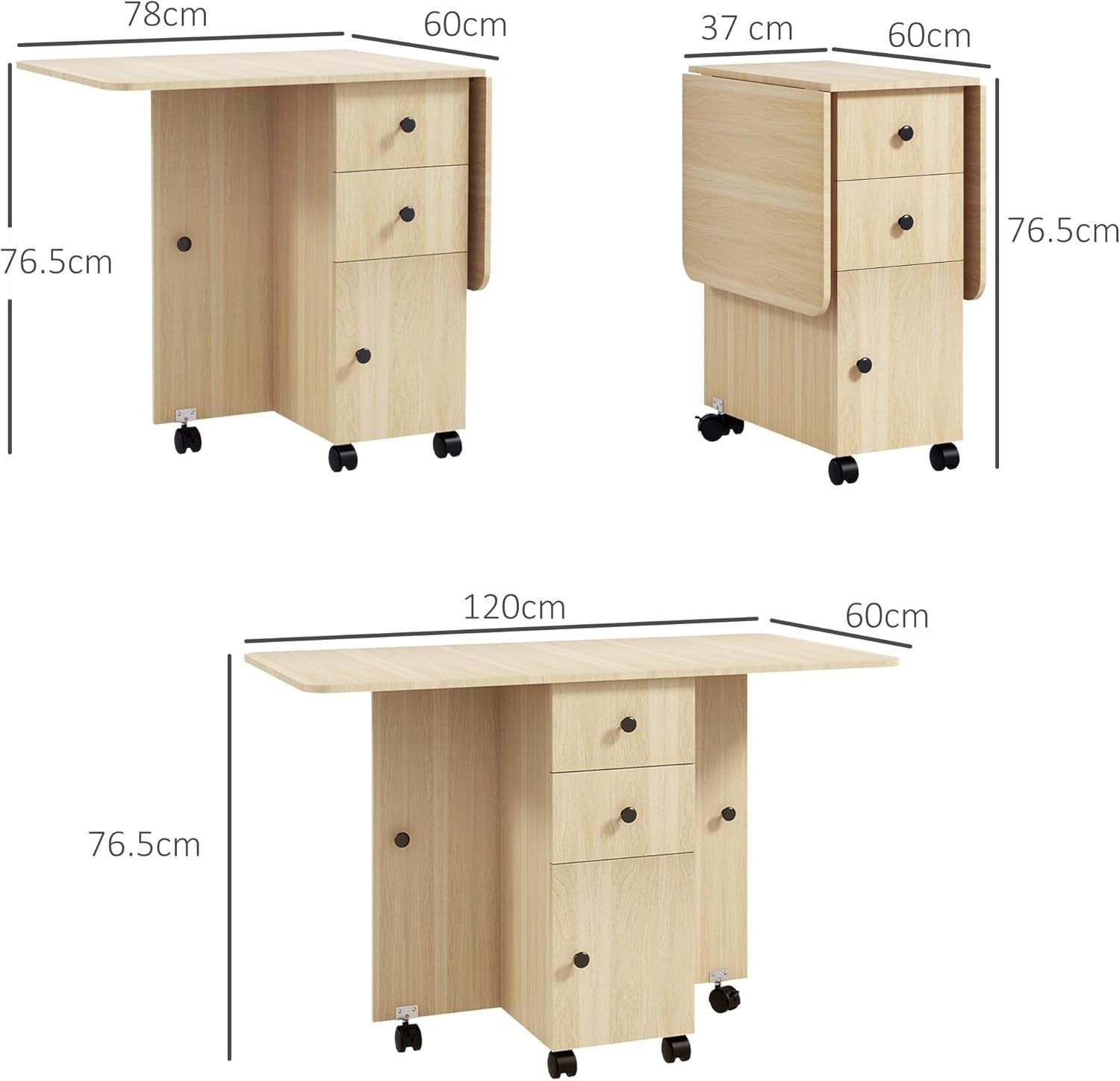Folding Drop Leaf Dining Table 4 - 6 Seater on Wheels with Storage Natural Wood - Kwikley