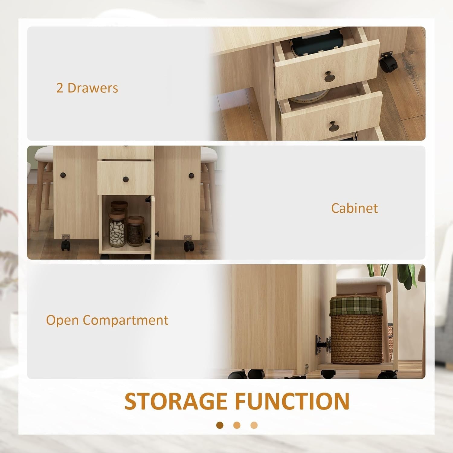 Folding Drop Leaf Dining Table 4 - 6 Seater on Wheels with Storage Natural Wood - Kwikley