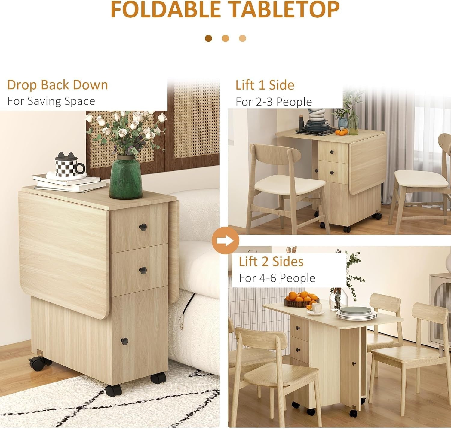 Folding Drop Leaf Dining Table 4 - 6 Seater on Wheels with Storage Natural Wood - Kwikley