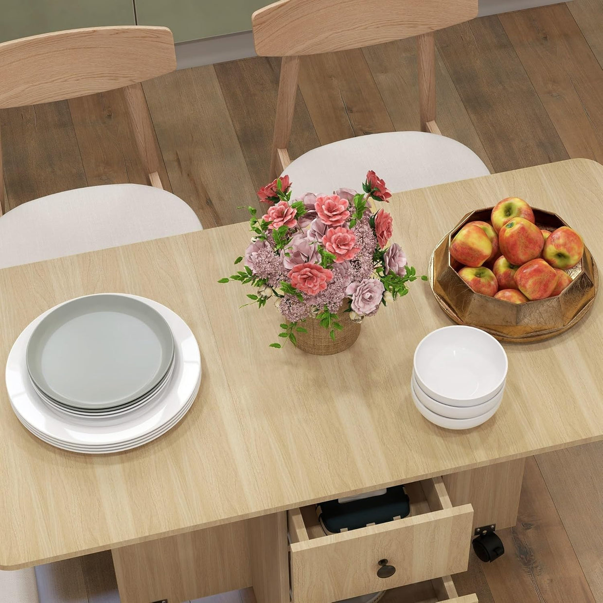 Folding Drop Leaf Dining Table 4 - 6 Seater on Wheels with Storage Natural Wood - Kwikley