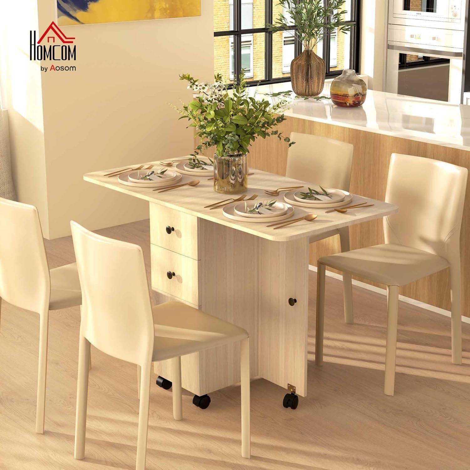 Folding Drop Leaf Dining Table 4 - 6 Seater on Wheels with Storage Natural Wood - Kwikley