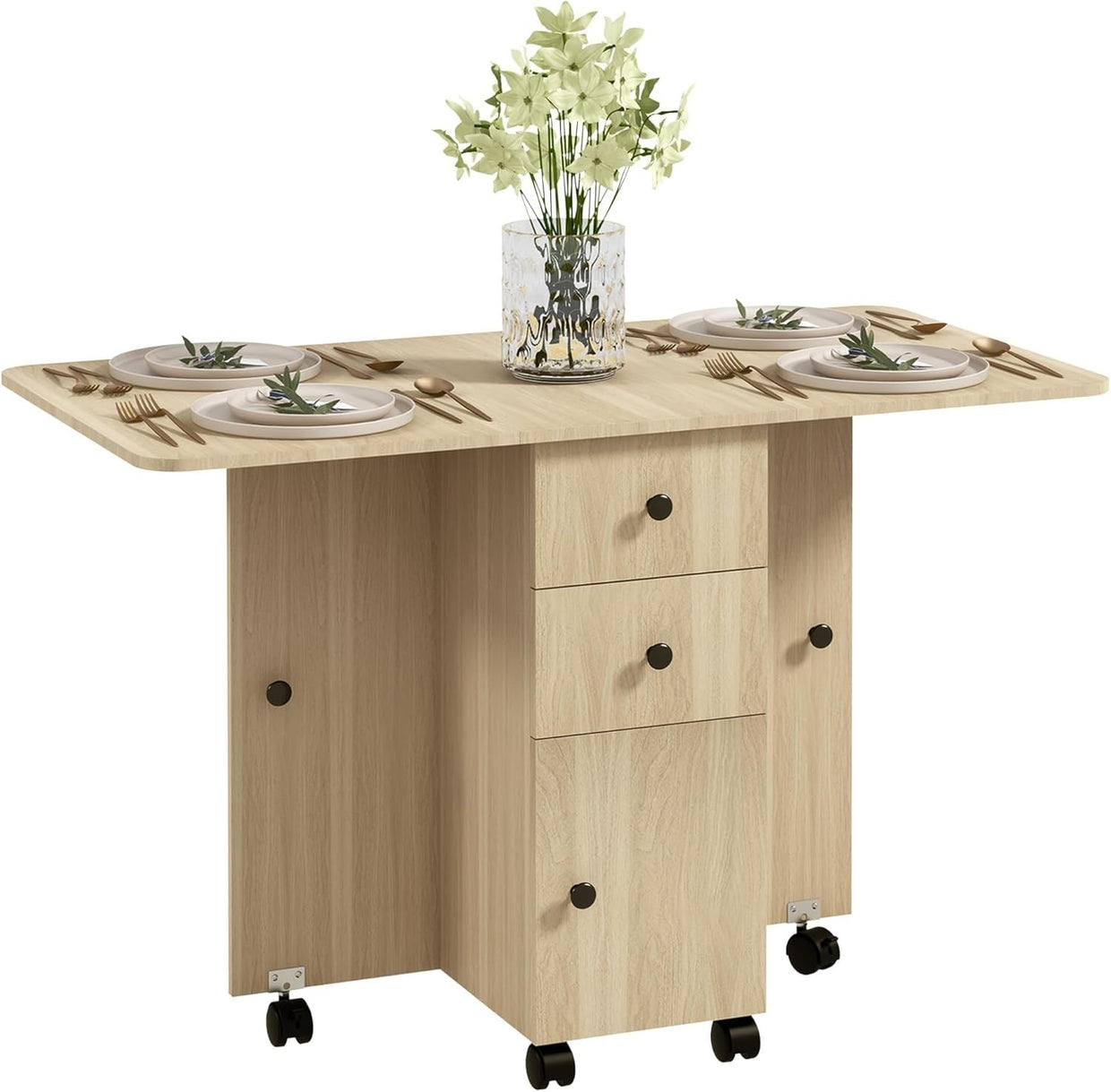 Folding Drop Leaf Dining Table 4 - 6 Seater on Wheels with Storage Natural Wood - Kwikley