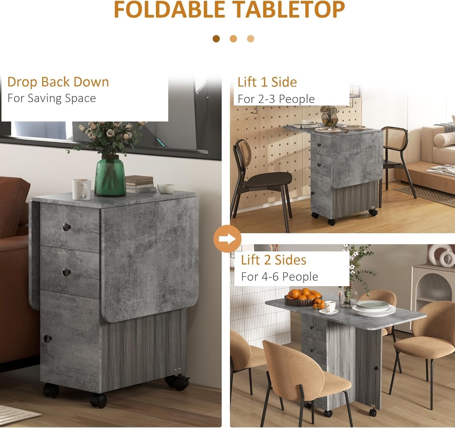 Folding Drop Leaf Dining Table on Wheels w/ Drawers, Grey Marble Effect - Kwikley